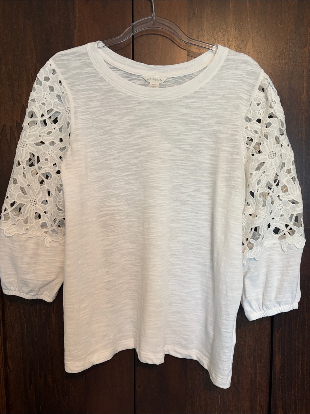Caslon White Cotton Slub Knit, 3/4 Length Lace Sleeve Top Size L